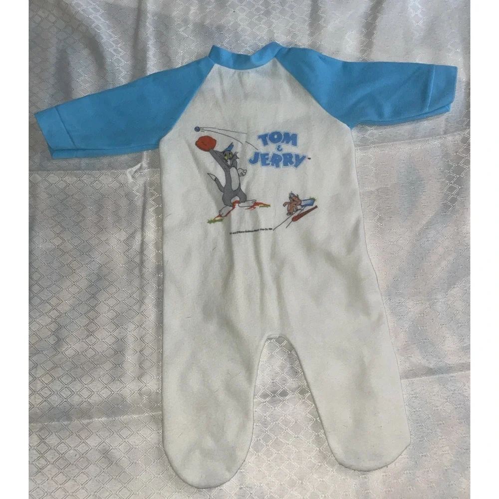 Vintage 1981 Tom & Jerry Baby Sleeper Baseball 0-3 Months ? Button Up Blue/White
